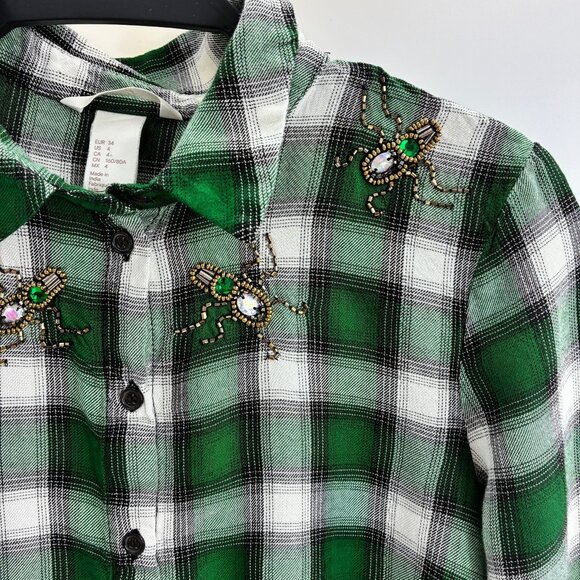 H&M Women's Green Plaid Shirt Size 4 Embellished Beaded Bugs - Picture 3 of 6